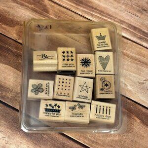 2006 STAMPIN' UP! TAGGER'S DOZEN WOOD MOUNTED RUBBER STAMP SET OF 12 QUEEN WISH